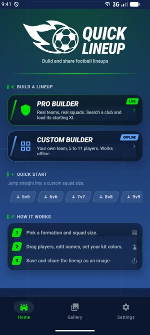 The Quick Lineup home screen, with both builders and a row of squad sizes