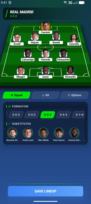 Pro Builder with Real Madrid's squad loaded onto the pitch in a 4-3-3