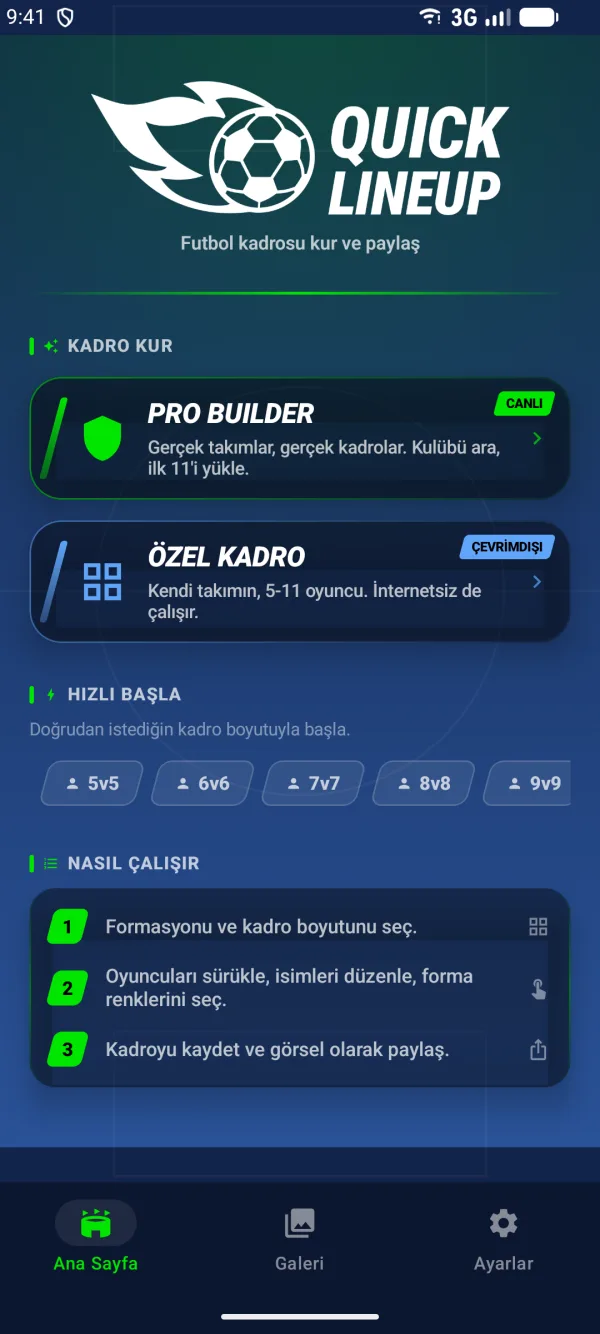 Quick Lineup ana ekranı: iki builder ve kadro boyutu satırı