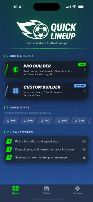 The Quick Lineup home screen, with both builders and a row of squad sizes