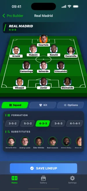 Pro Builder with Real Madrid's squad loaded onto the pitch in a 4-3-3