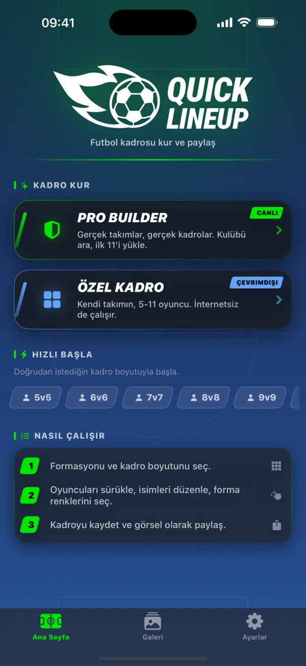 Quick Lineup ana ekranı: iki builder ve kadro boyutu satırı