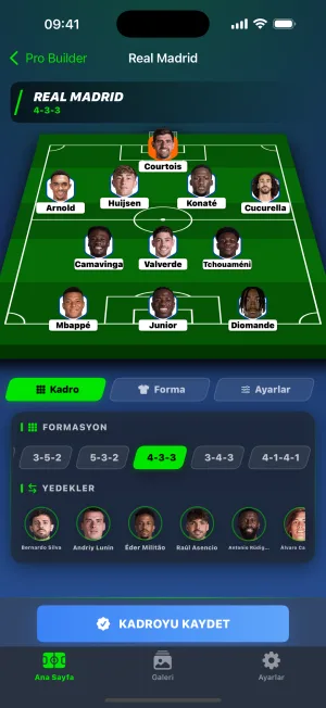 Pro Builder'da Real Madrid kadrosu, sahada 4-3-3 dizilişiyle